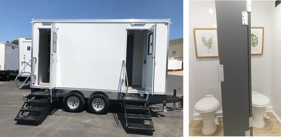 A white trailer with steps leading up to it and a toilet in the background.