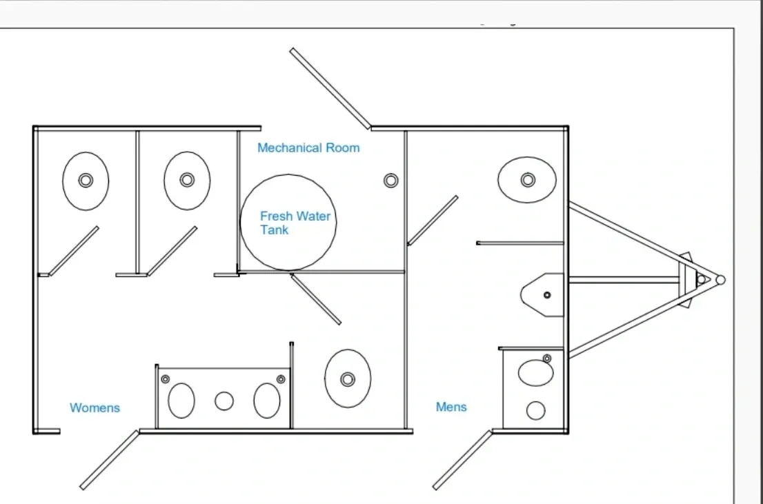 A floor plan of a bathroom with two sinks and a toilet.