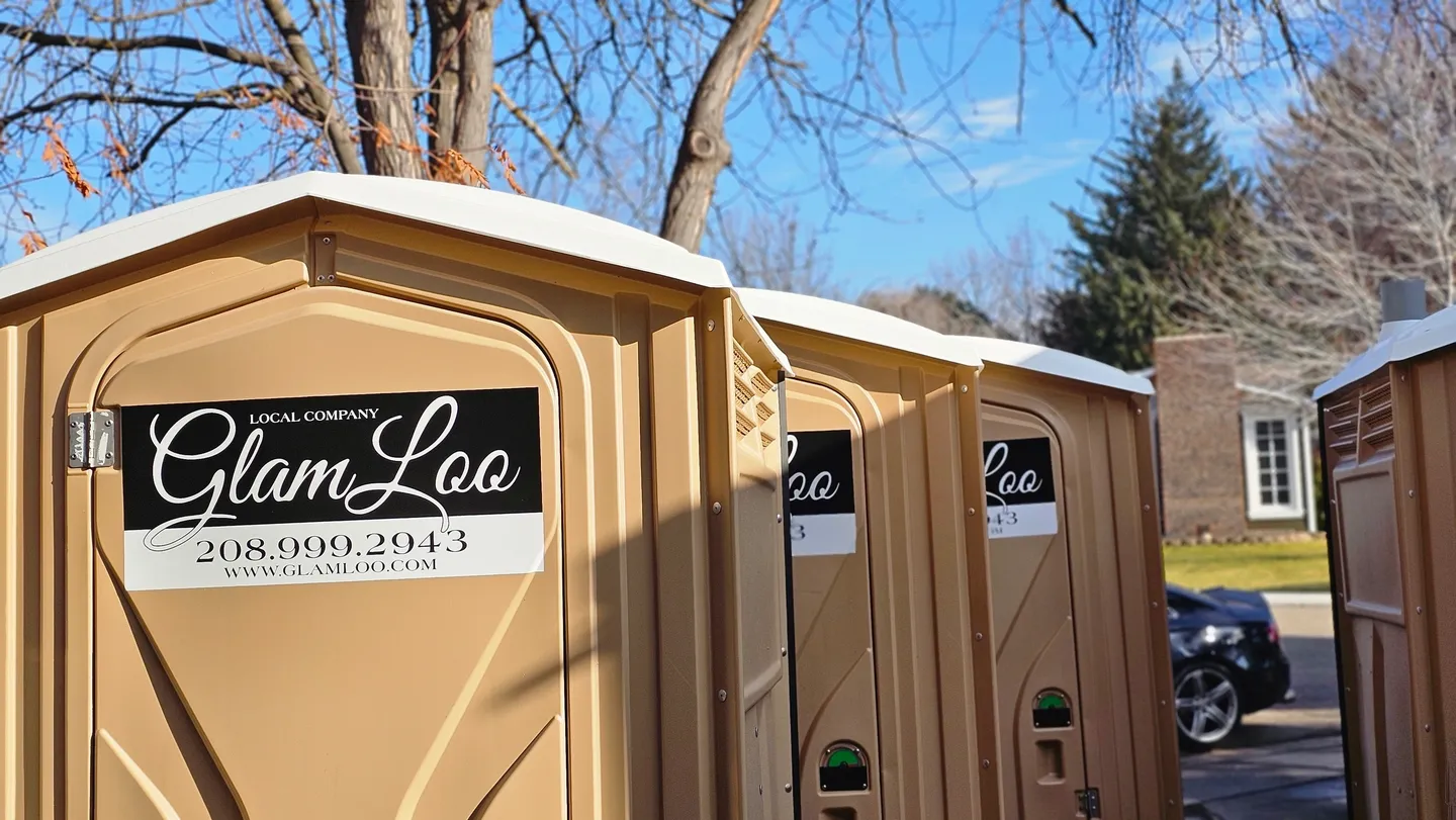 A row of portable toilets with the name " ron loo ".